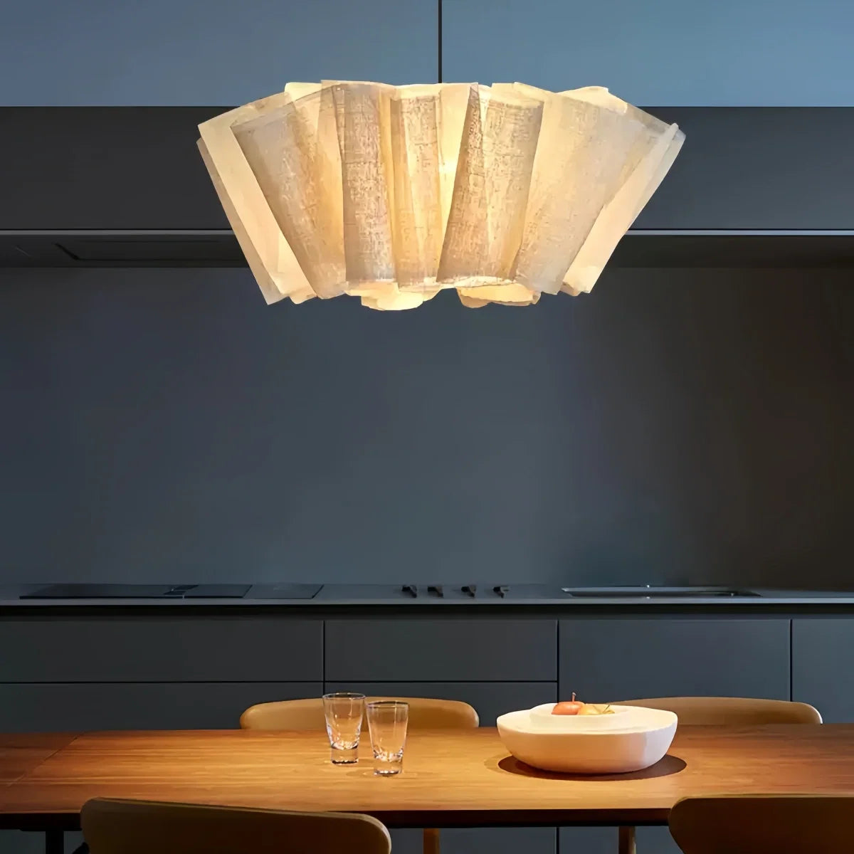 Minimalist pendant light with natural plant fiber shade and metal base for dining and bedroom decor