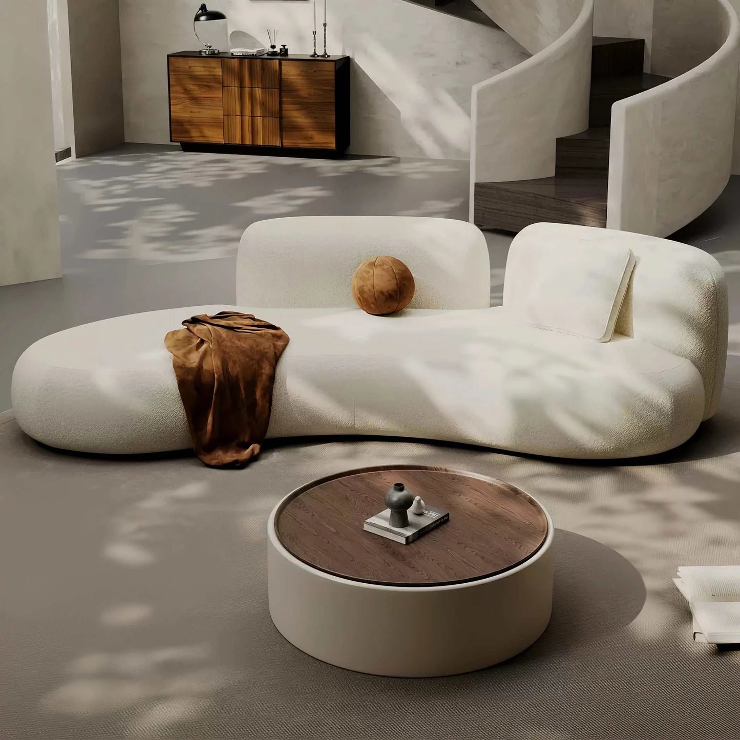 Cream curved sofa with retro light luxury design and stain-resistant upholstery for salons and boutiques