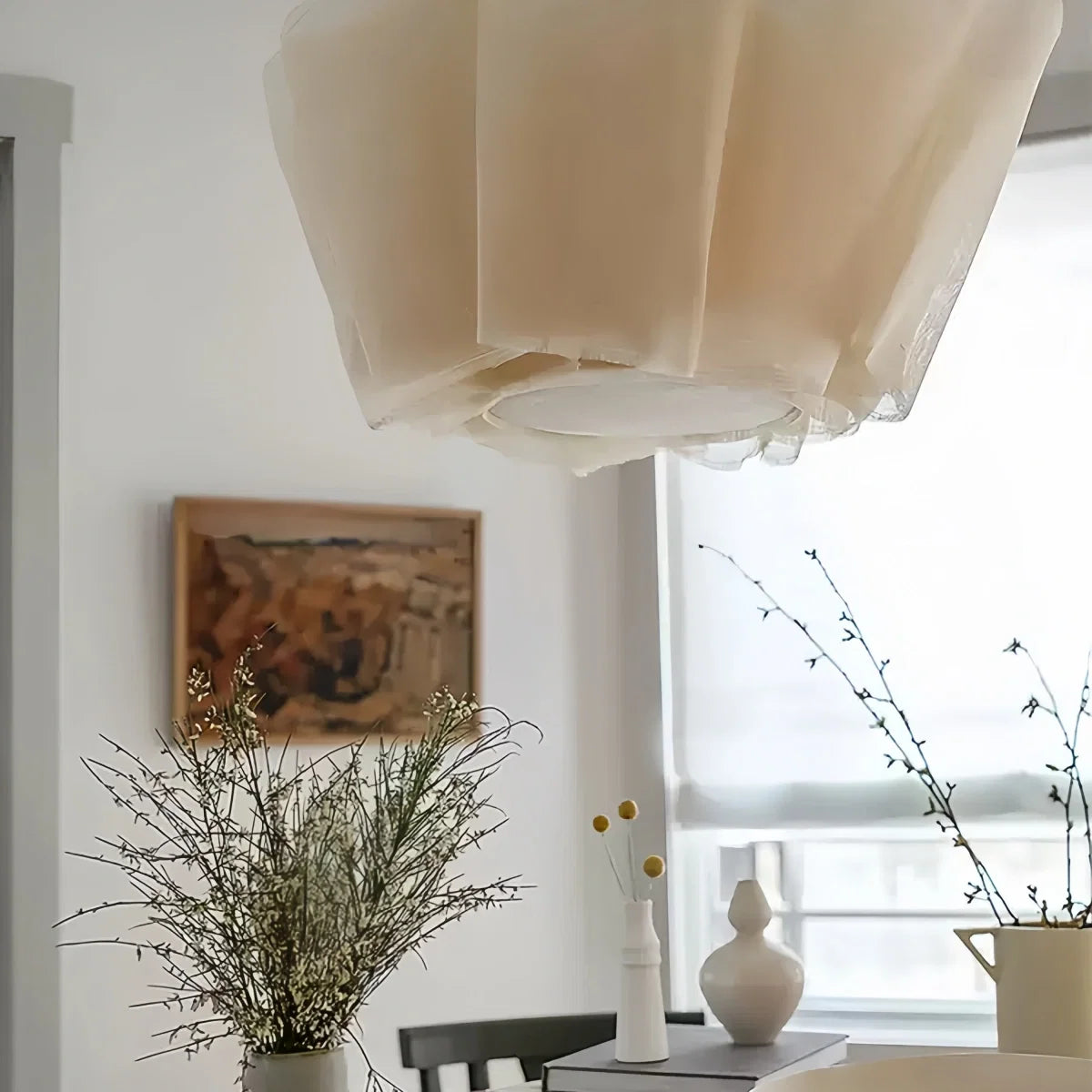 Minimalist pendant light with natural plant fiber shade and metal base, Nordic wabi-sabi design for dining room and bedroom lighting