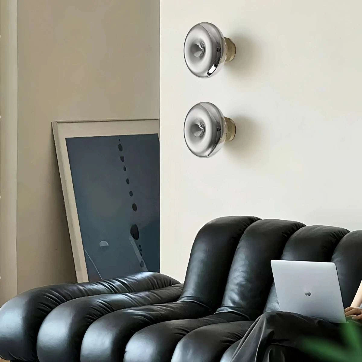Bauhaus Glass Wall Sconce with hand-blown gradient glass and LED circular projection light on textured aluminum body