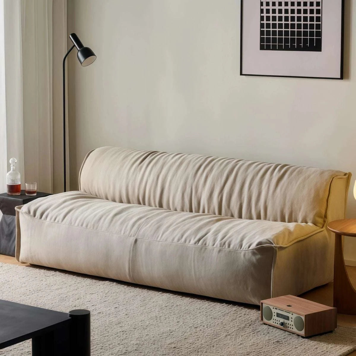 Minimalist armless linen sofa with natural wrinkled fabric and washable covers for small spaces