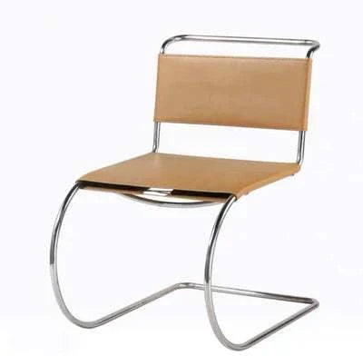 minimalist stainless steel dining chair with tan leather seat and backrest, modern armless design