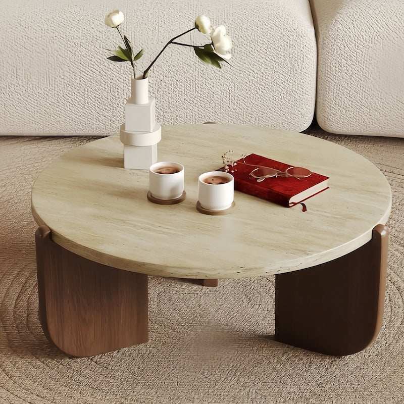 Solid wood natural travertine coffee table with marble top and rubber wood legs - sparkledecor.com