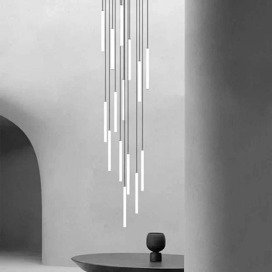 Modern long pendant lights chandelier with adjustable white LED tubes for staircase and elegant interiors