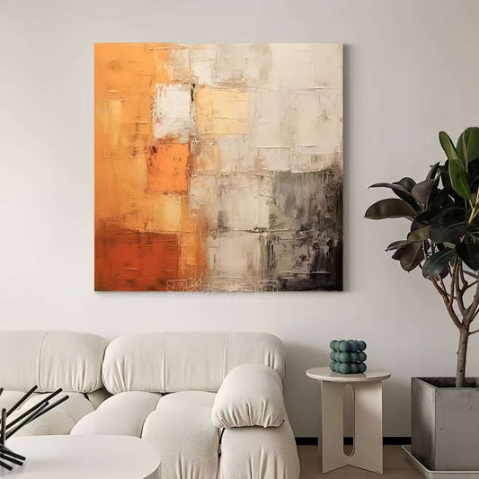 Square hand-painted oil painting on cotton-linen canvas with textured abstract design and warm tones for versatile home decor.