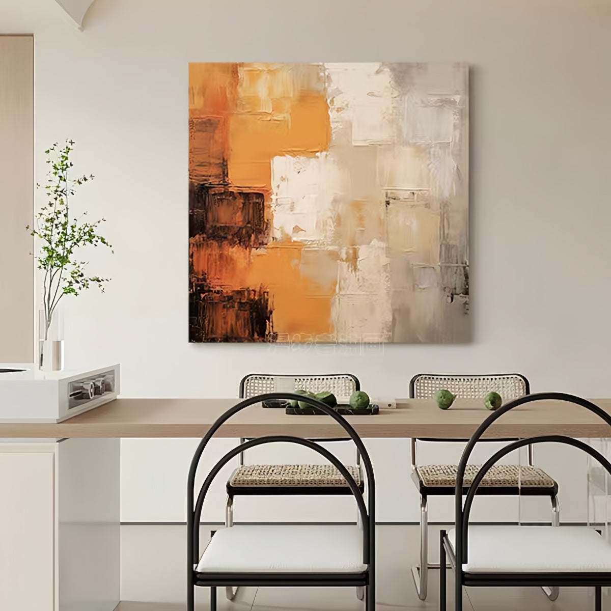 Square hand-painted oil painting on textured cotton-linen canvas with warm abstract design for home decor