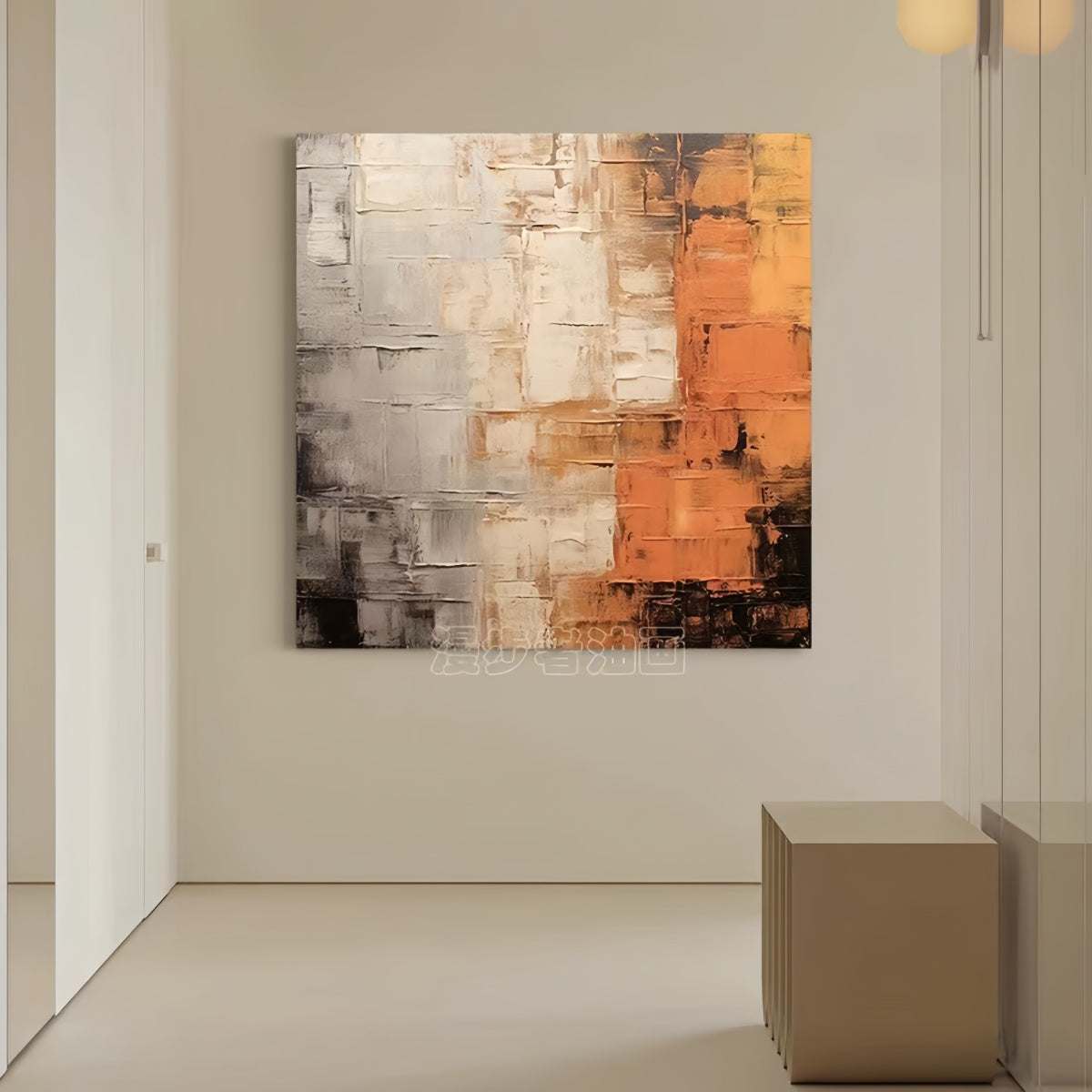 Square hand-painted oil painting on cotton-linen canvas with textured abstract design and warm tones for cozy home decor