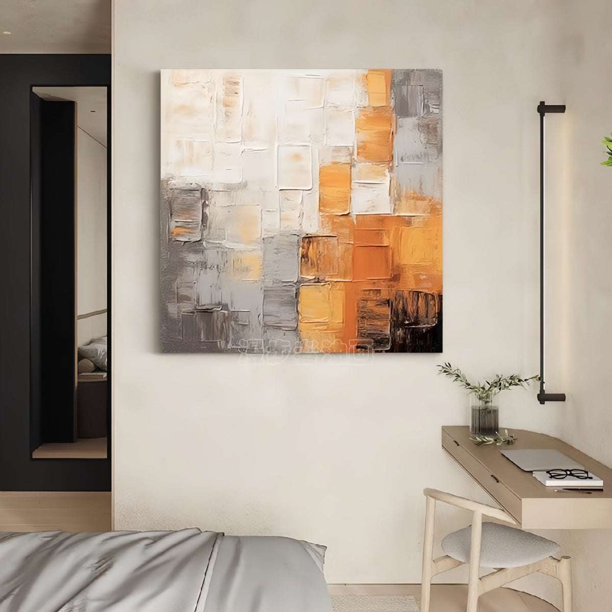 Square hand-painted oil painting on cotton-linen canvas with textured abstract design and warm tones