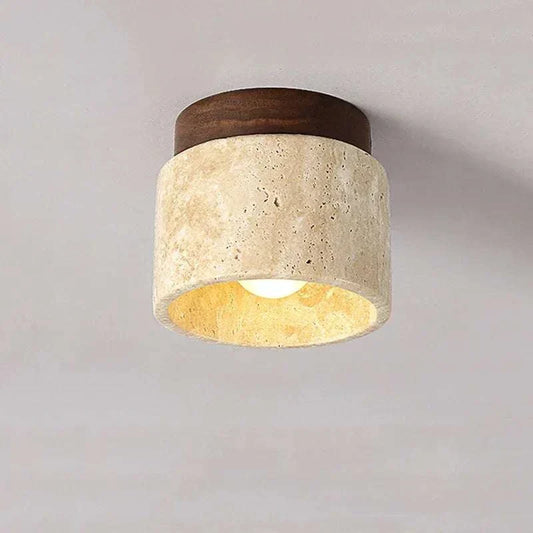 Flush mount ceiling light with yellow marble design and wooden base in modern style