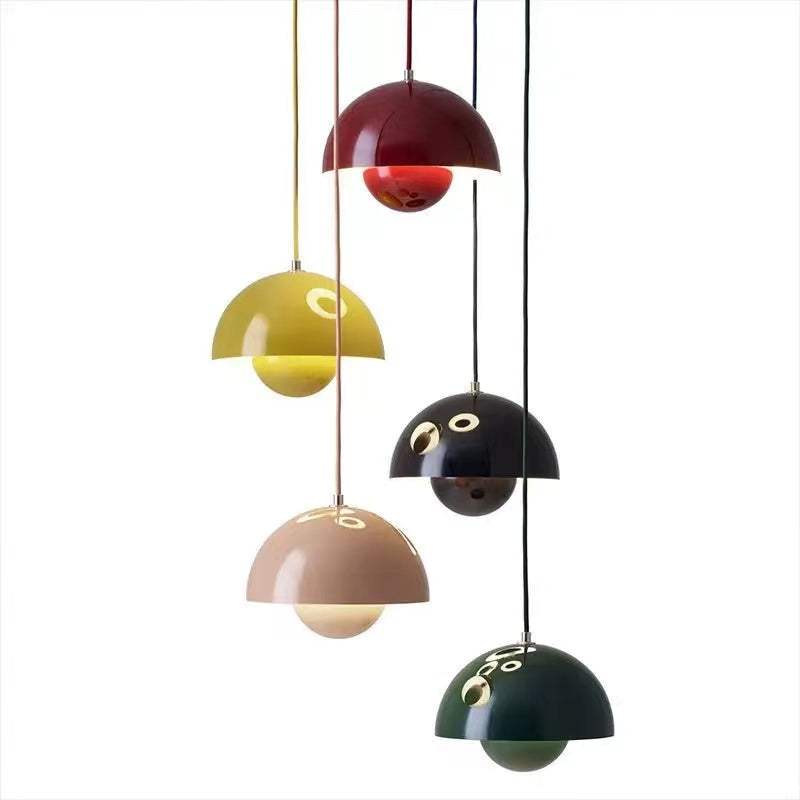 Modern Nordic kitchen island pendant lighting in mushroom style with colorful iron lampshades and warm light