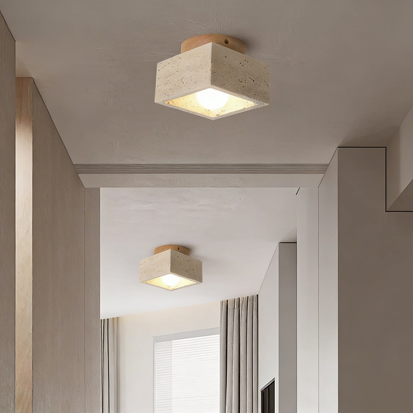 Mid-century marble ceiling lamp with walnut wood finish and LED lighting for hallways and balconies