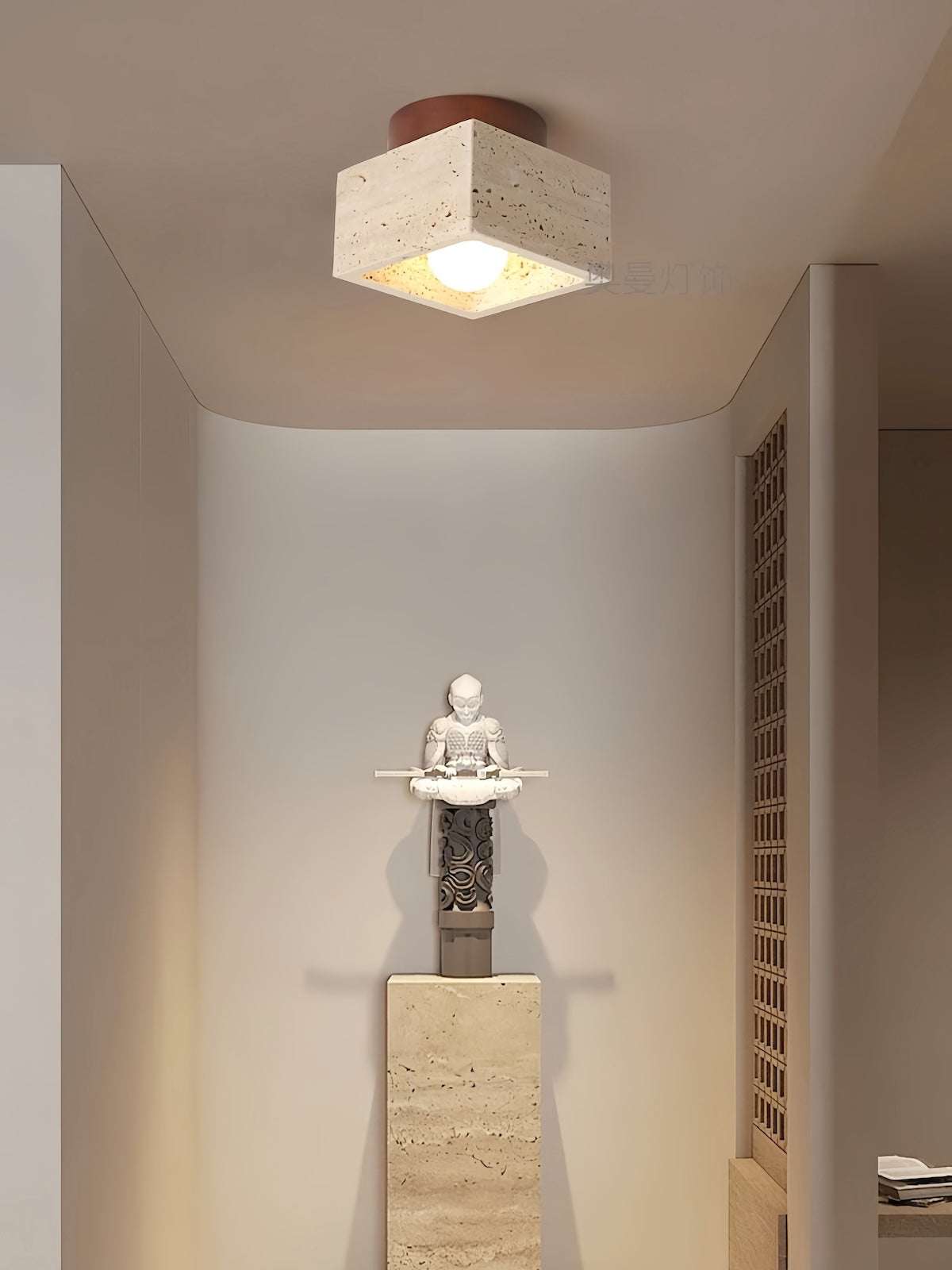 Yellow travertine ceiling lamp with walnut wood finish and LED lighting for hallways and balconies