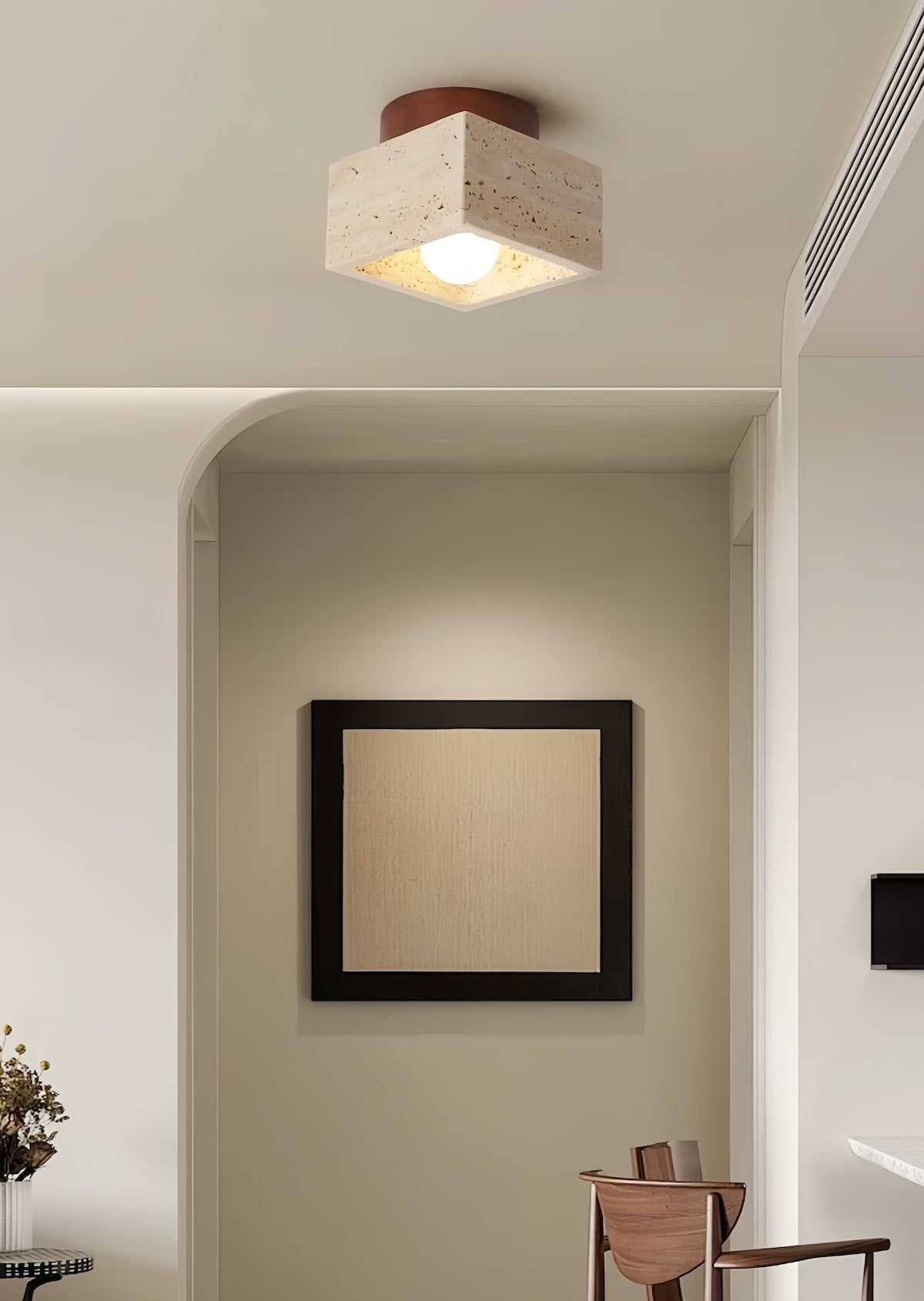 Yellow travertine marble ceiling lamp with walnut wood finish and LED lighting for corridor and balcony