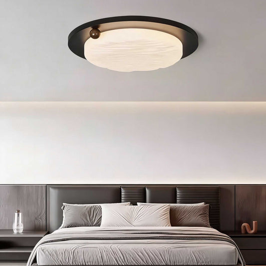 Minimalist bedroom ceiling light with walnut wood grain, black round corrugated shade, and starry sky effect for master bedroom and living spaces