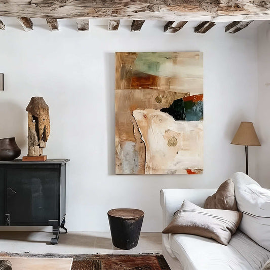 Minimalist hand‑painted oil painting with soft mid-century abstract lines and layered brushwork for modern interiors