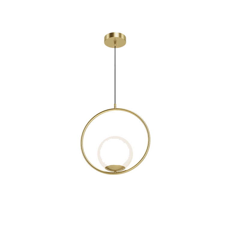 Modern gold pendant light fixture with brushed gold finish and white globe shade