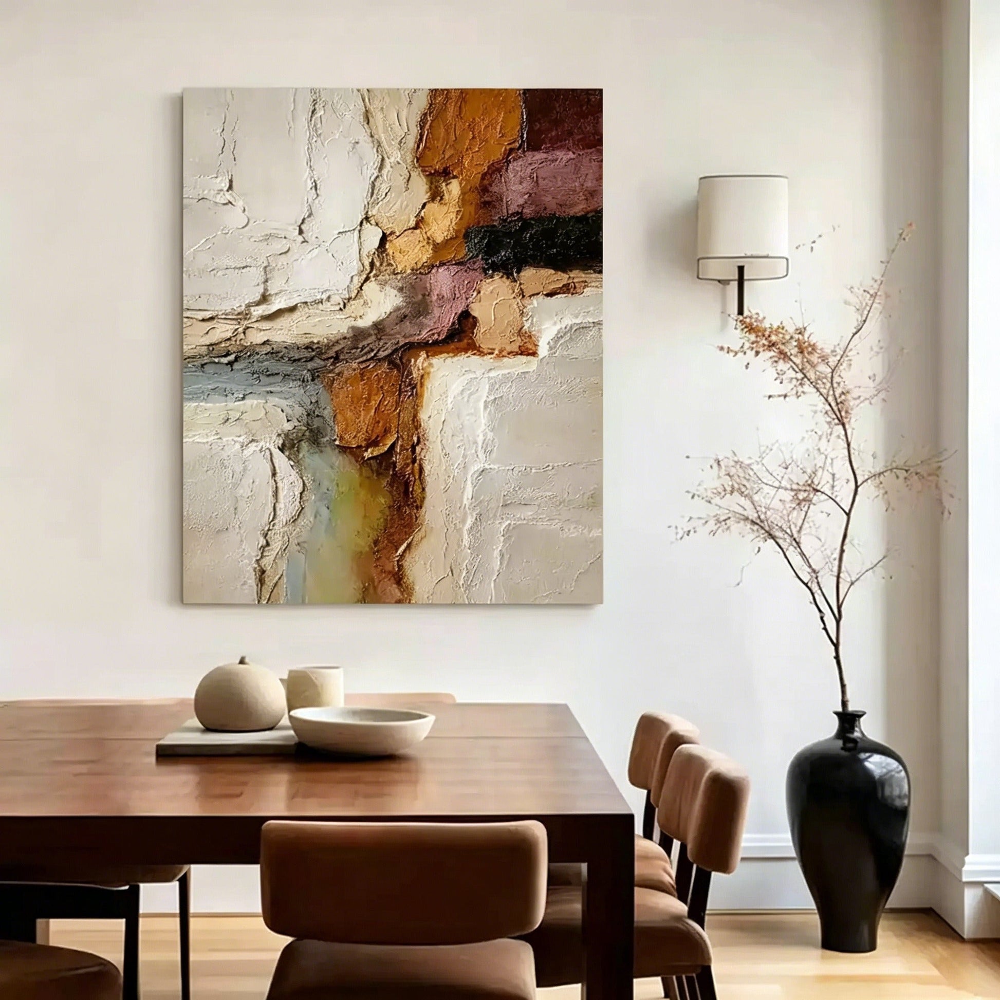 Hand-painted abstract oil painting mid-century textured framed wall art for living room decor
