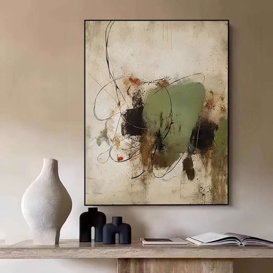 Hand-painted abstract vintage oil painting with textured Wabi-Sabi design and French style elegance