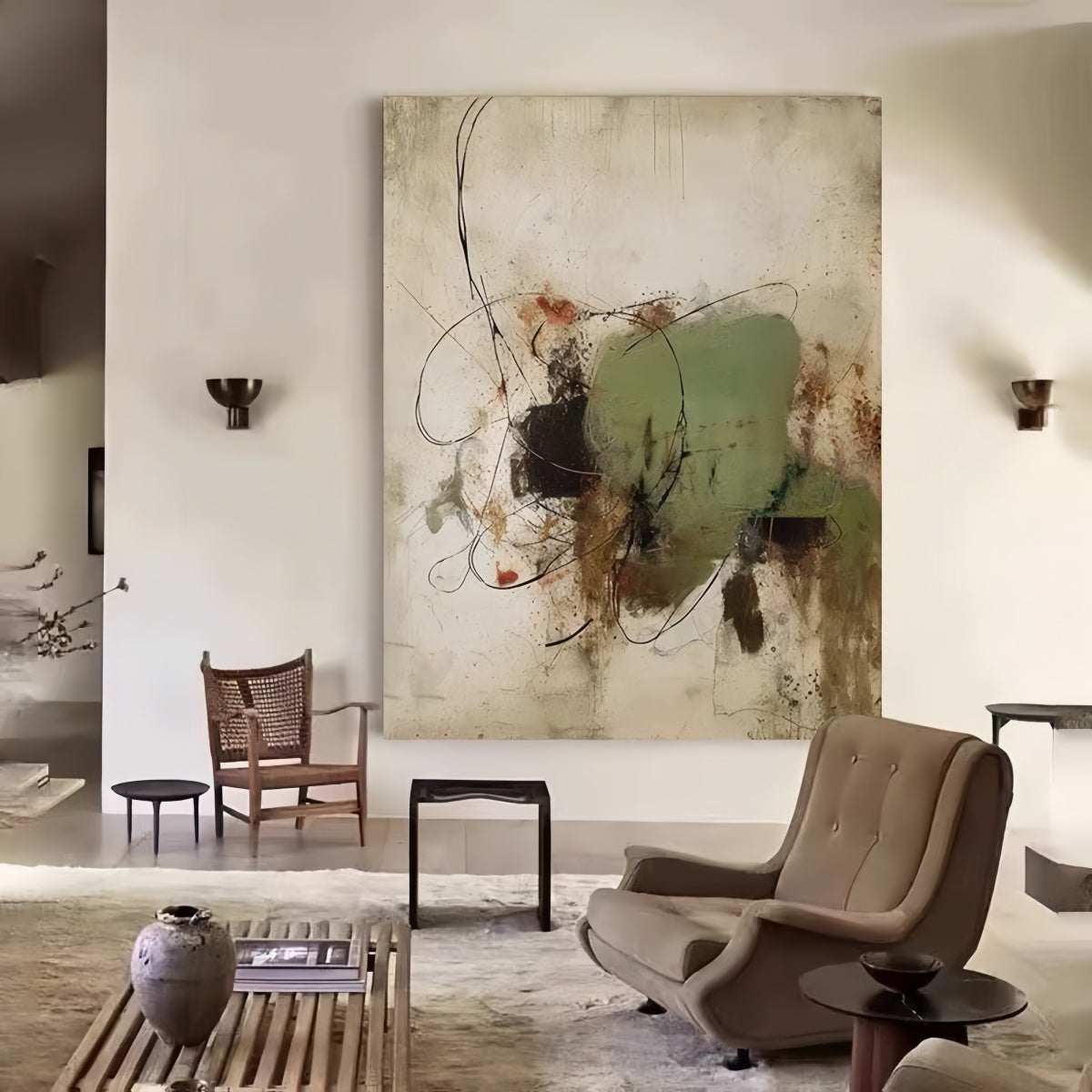 Hand-painted abstract vintage oil painting with textured Wabi-Sabi design and French-style elegance