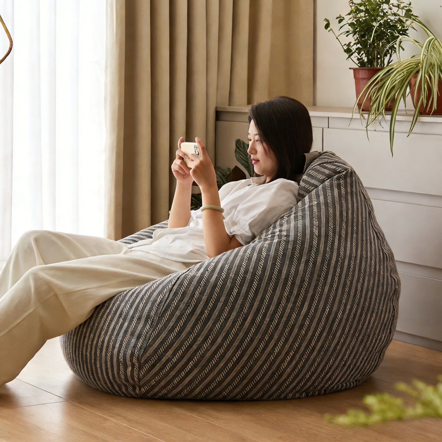 Japanese-style Striped Lazy Sofa with reclining floor chair and matching footstool in striped cotton-linen fabric for bedroom and balcony relaxation