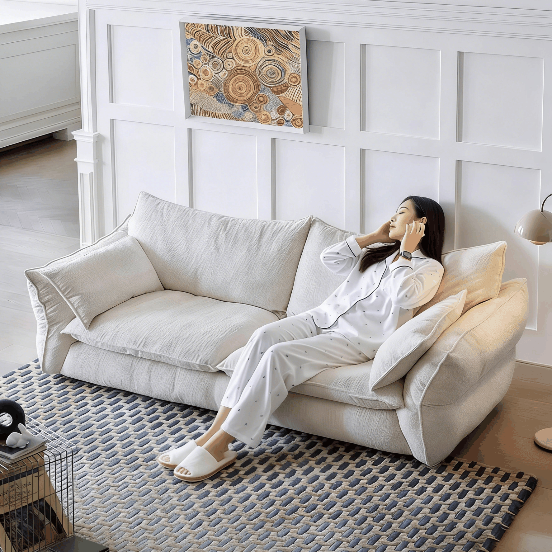 Retro cream fabric sofa with premium down filling and removable washable cover in French vintage style