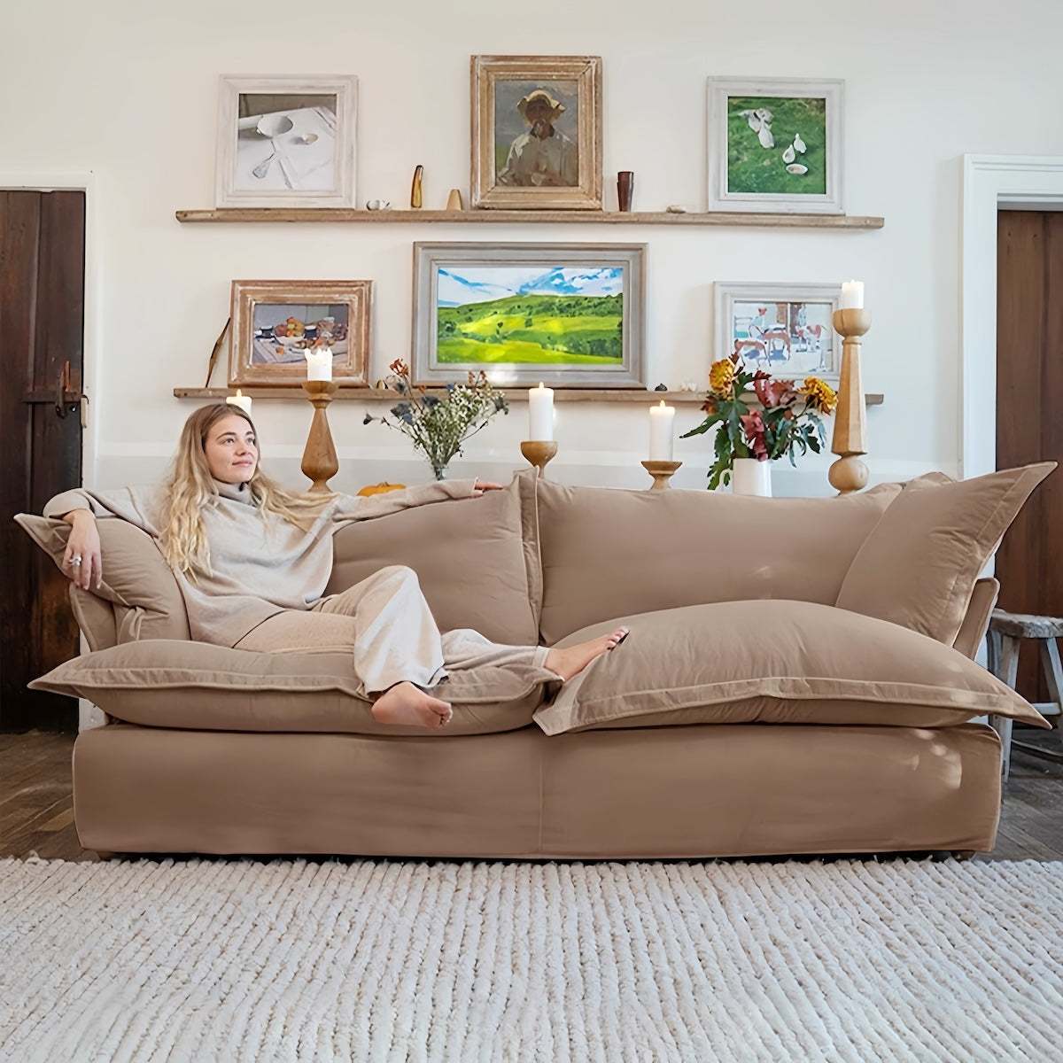 2-seater beige cloud sofa with down filling and removable washable cover in Nordic Japanese style
