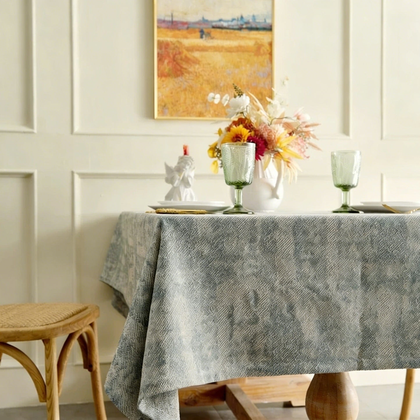 Nordic light luxury cotton linen jacquard tablecloth with tassel design for dining and coffee tables