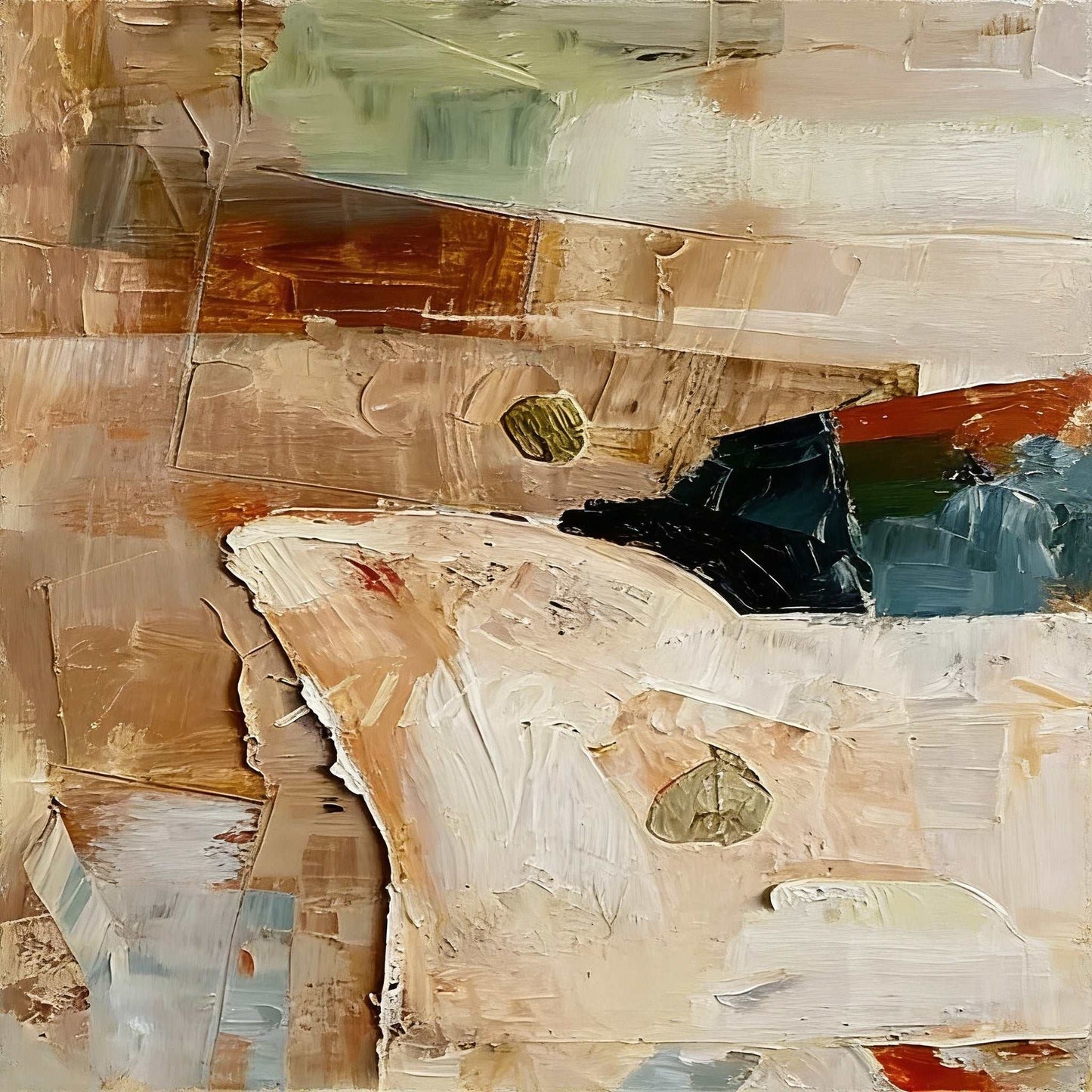 Minimalist hand-painted oil painting with abstract lines and mid-century tones for modern interiors
