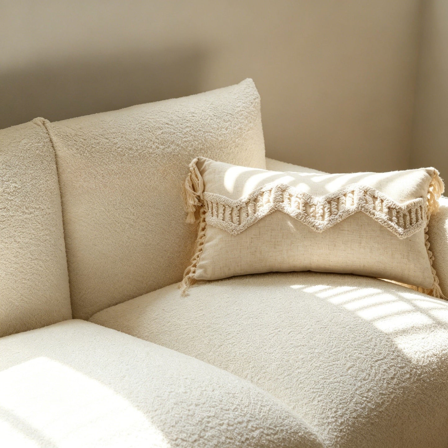 Cream Sofa - Wabi-Sabi Cream Cream Sofa with Faux Lamb Wool Fabric for Living Room