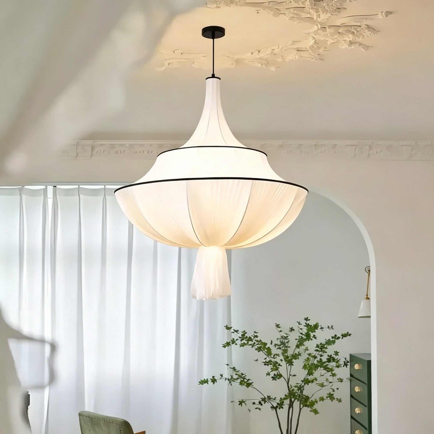 French vintage fabric pendant light with fish-line pendant design and LED light in cream color for bedroom and living room