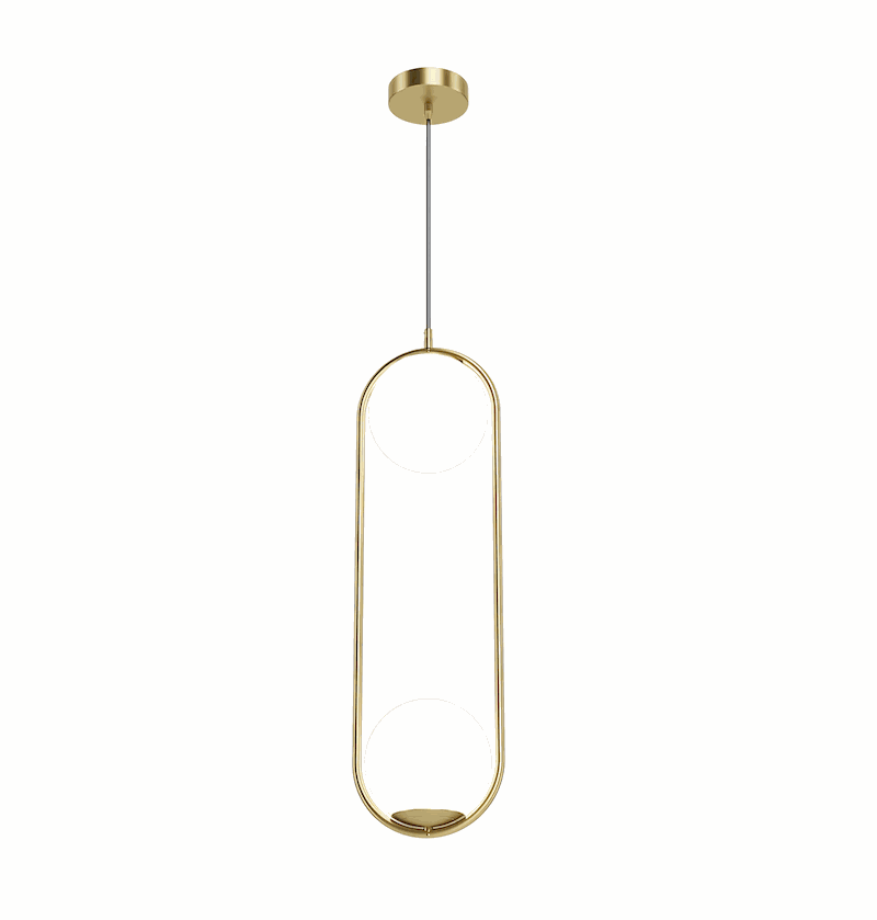 modern brushed gold pendant light fixture with two white glass globes and adjustable hanging length