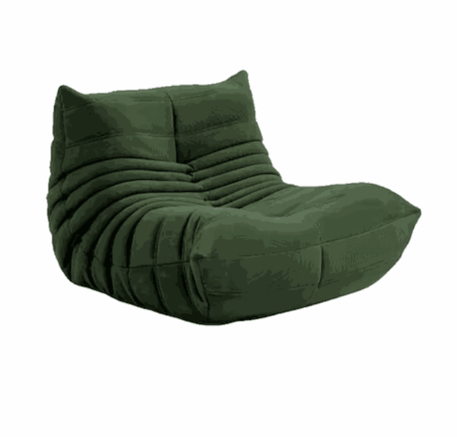 Green corduroy Caterpillar armchair with minimalist modern design and plush quilting cushions