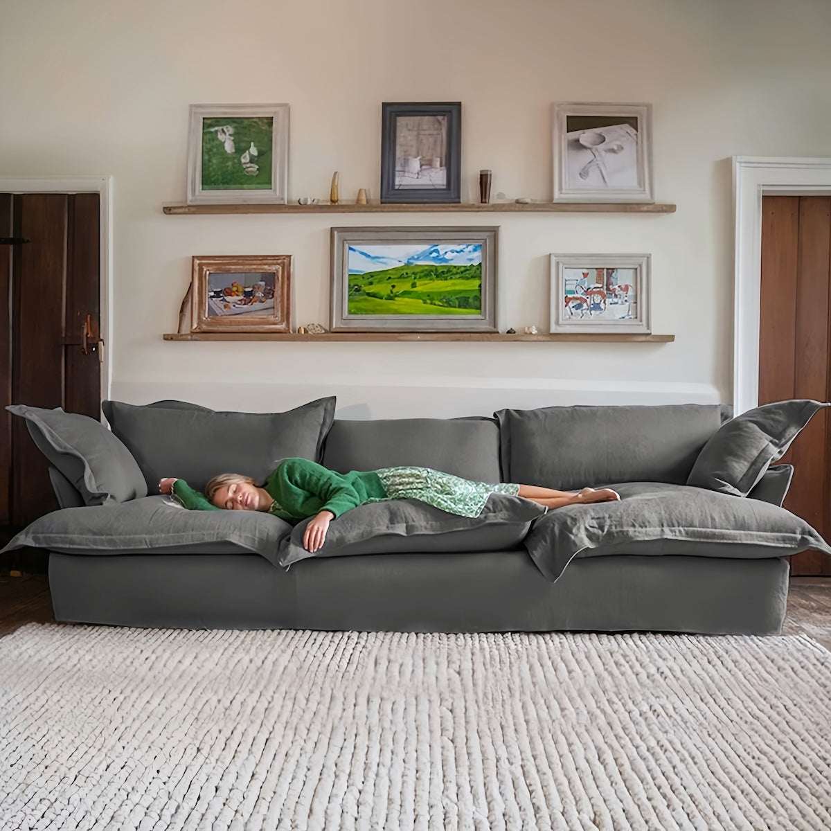 2-seater beige cloud sofa with washable fabric and down filling in Nordic Japanese style for small modern homes