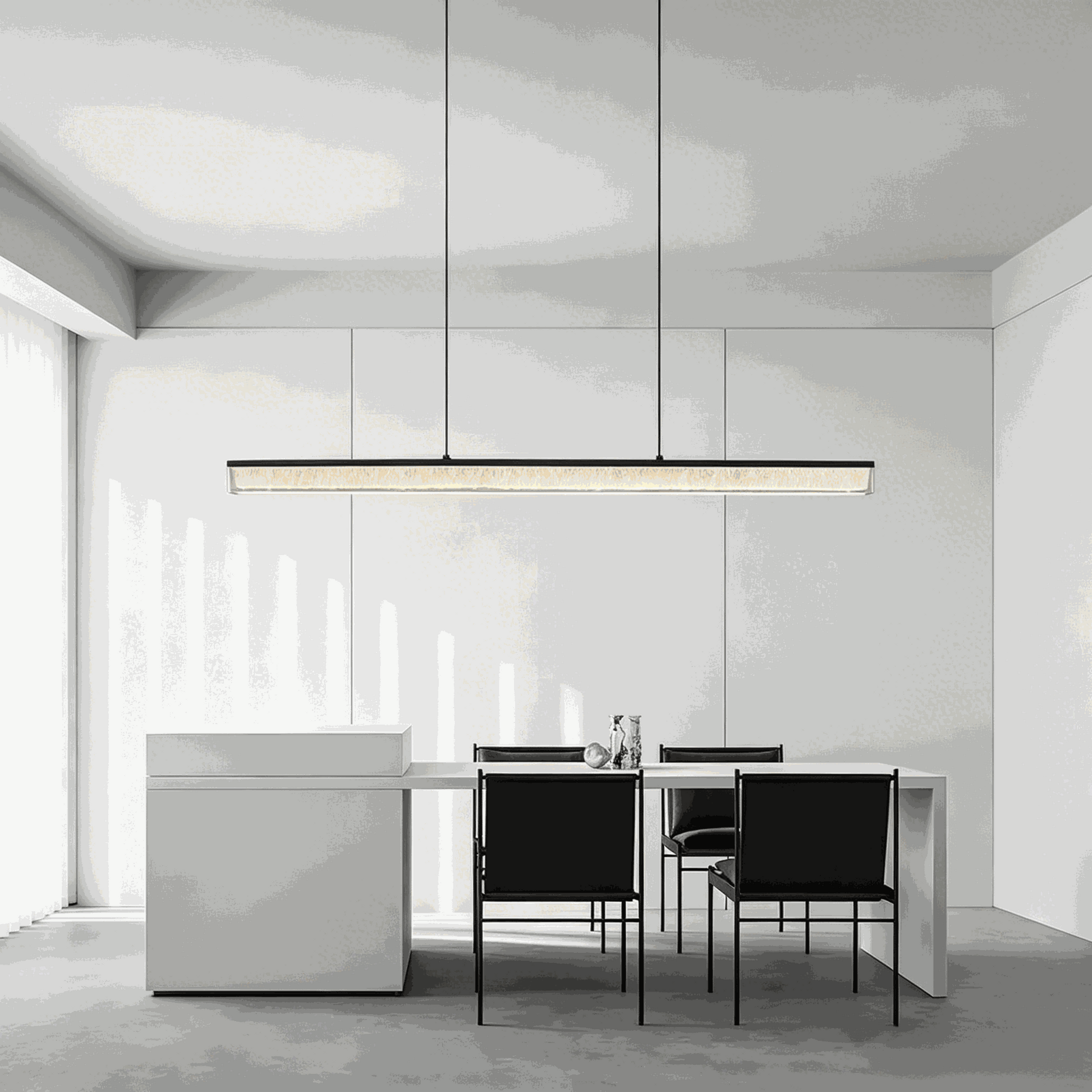 Italian minimalist adjustable linear pendant lamp with matte black iron frame and acrylic shade over dining table