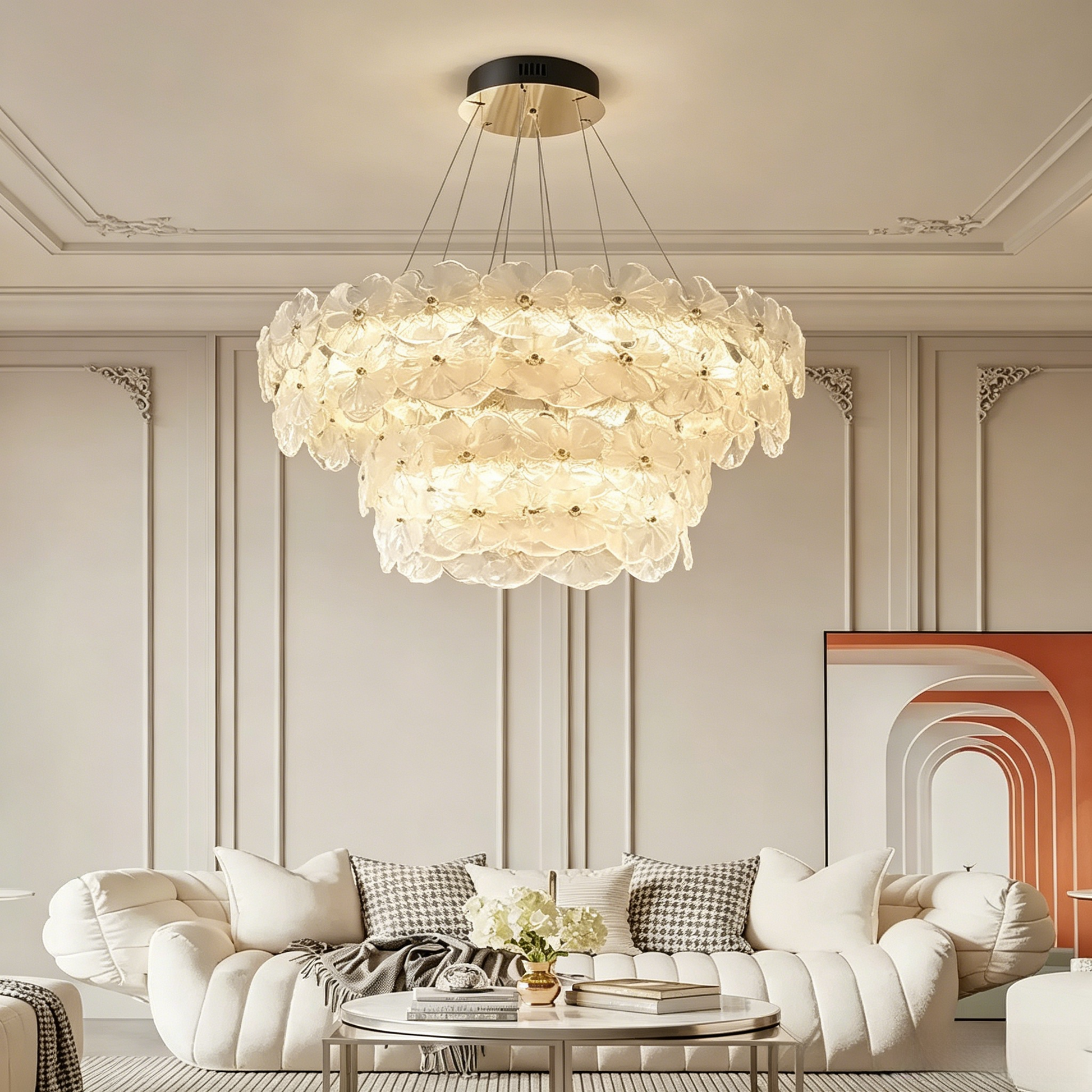 French luxury designer ceiling light with layered petal glass shades and adjustable LED lighting for living and dining rooms