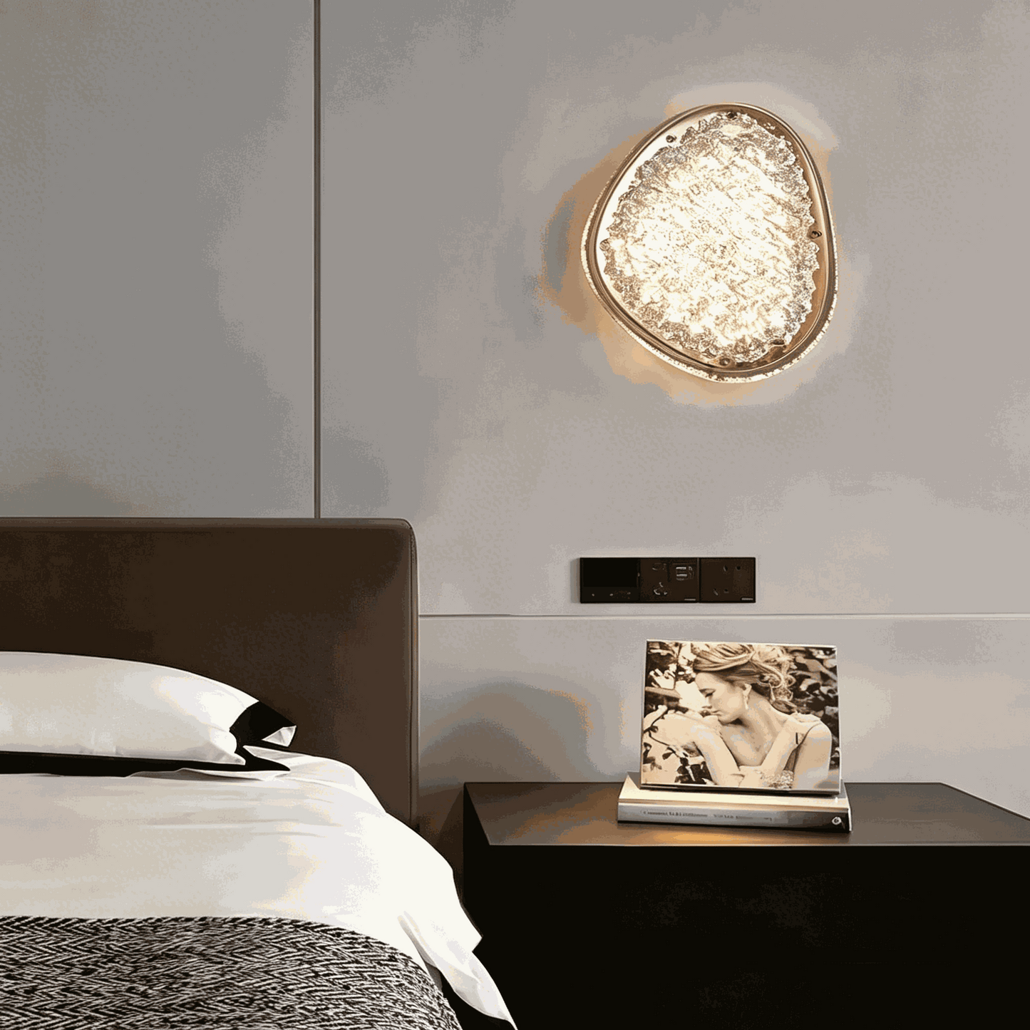 Italian luxury book form wall lamp with textured acrylic shade and warm LED light for bedroom and hallway decor
