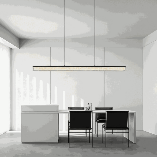Italian minimal adjustable linear pendant lamp with matte black iron frame and acrylic shade over dining table