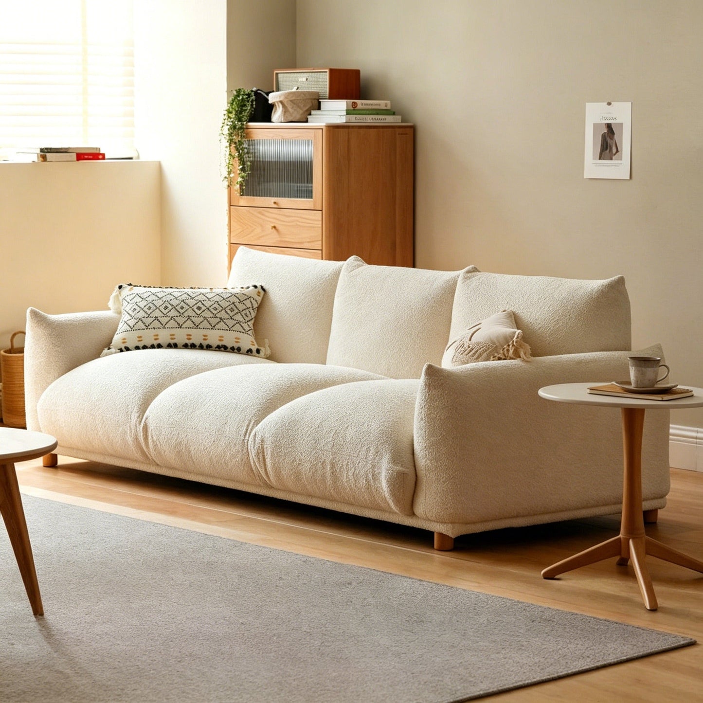 Japanese Wabi-Sabi cream U-shaped sofa with faux lamb wool fabric and pine wood frame for cozy living room seating