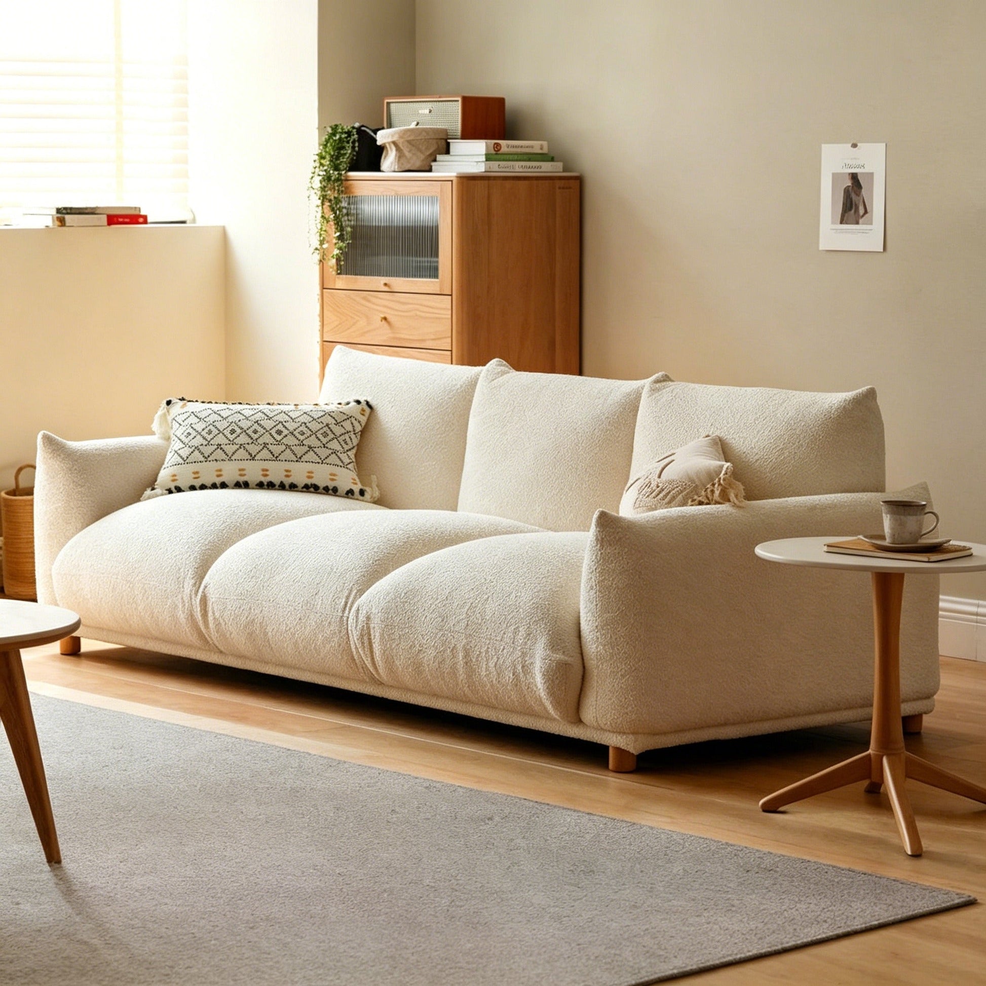 Japanese Wabi-Sabi cream U-shaped sofa with faux lamb wool fabric and pine wood frame for cozy living room seating