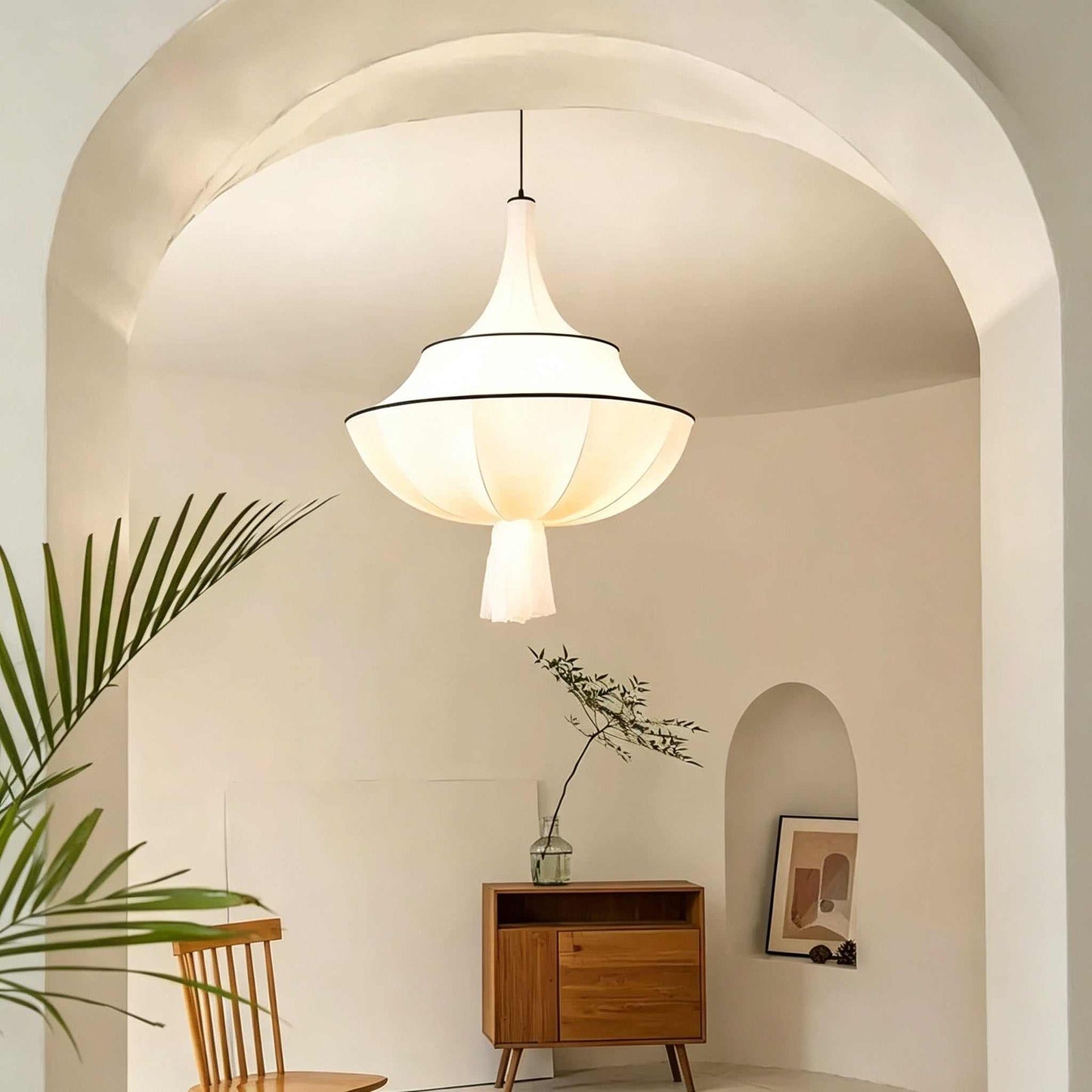French Vintage Fabric Chandelier with Nordic cream fabric lampshade and LED light for bedroom and living room