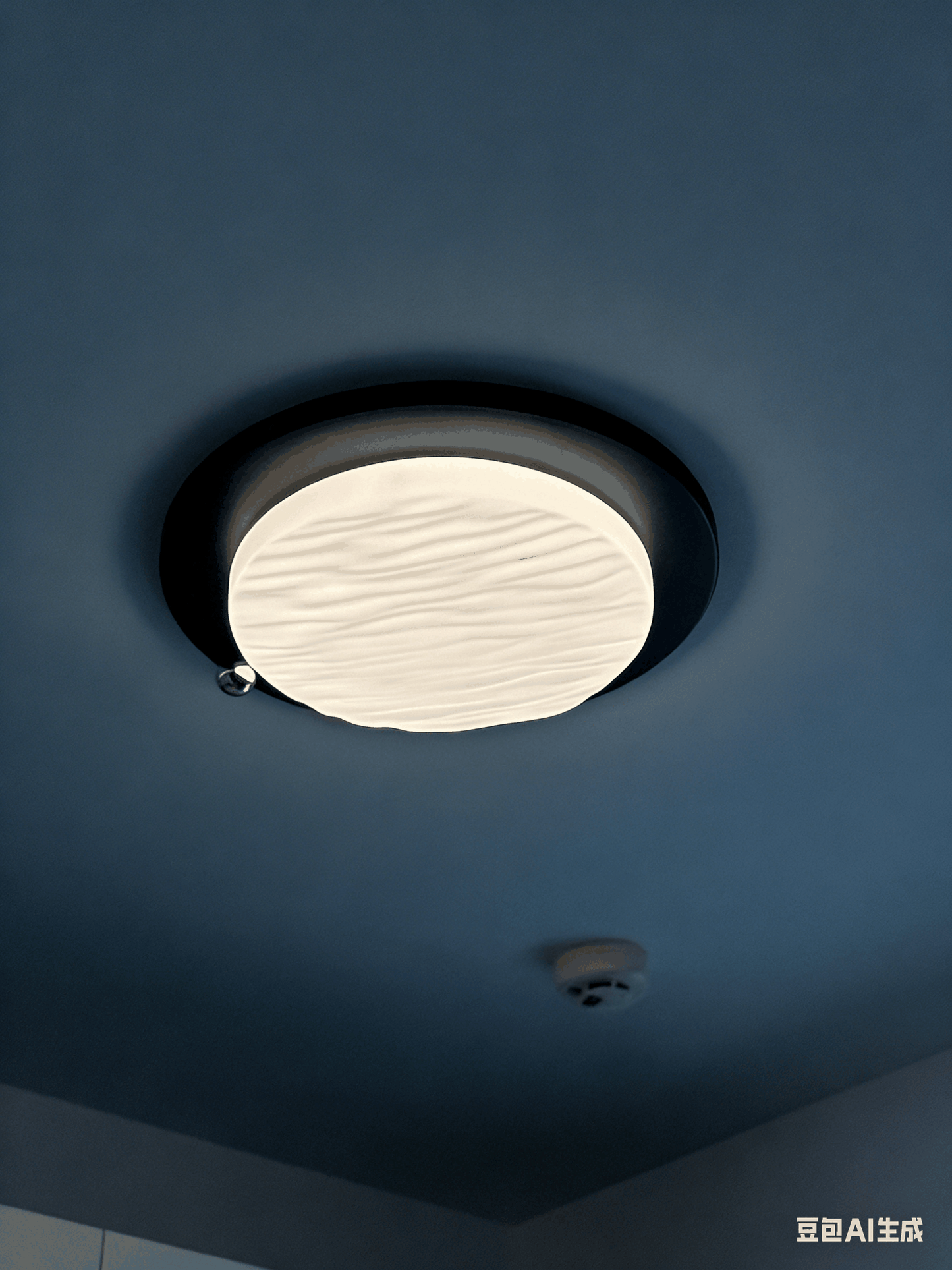 Walnut wood grain bedroom ceiling light with round black corrugated shade and starry sky effect