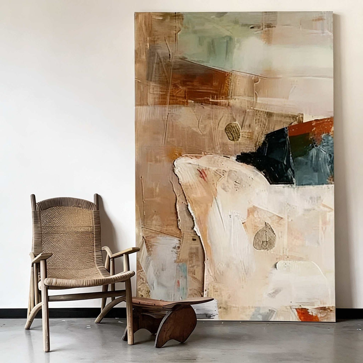 Hand-painted oil painting abstract mid-century wall art with soft tones and textured brushwork for modern interiors
