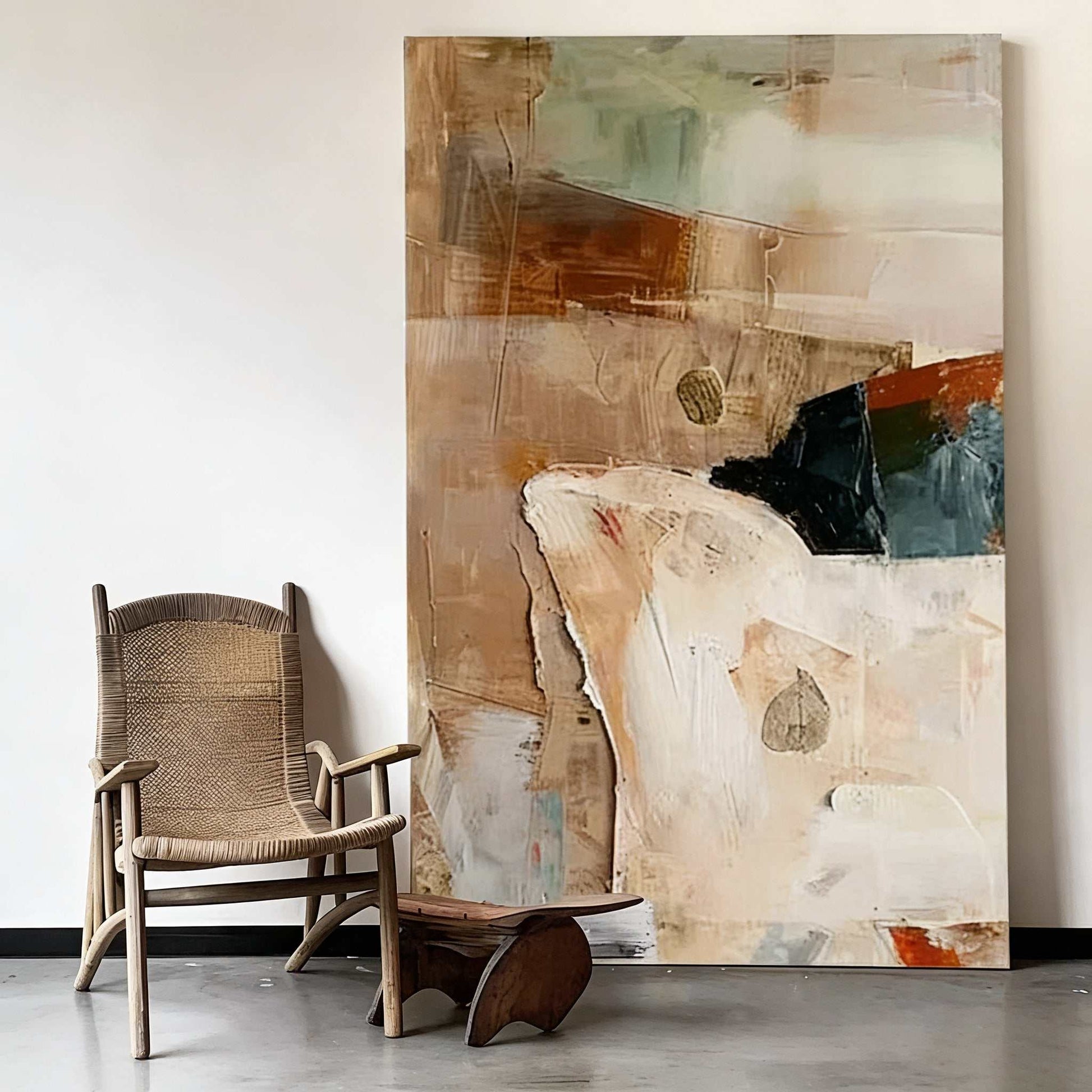 Hand-painted oil painting abstract mid-century wall art with soft tones and textured brushwork for modern interiors