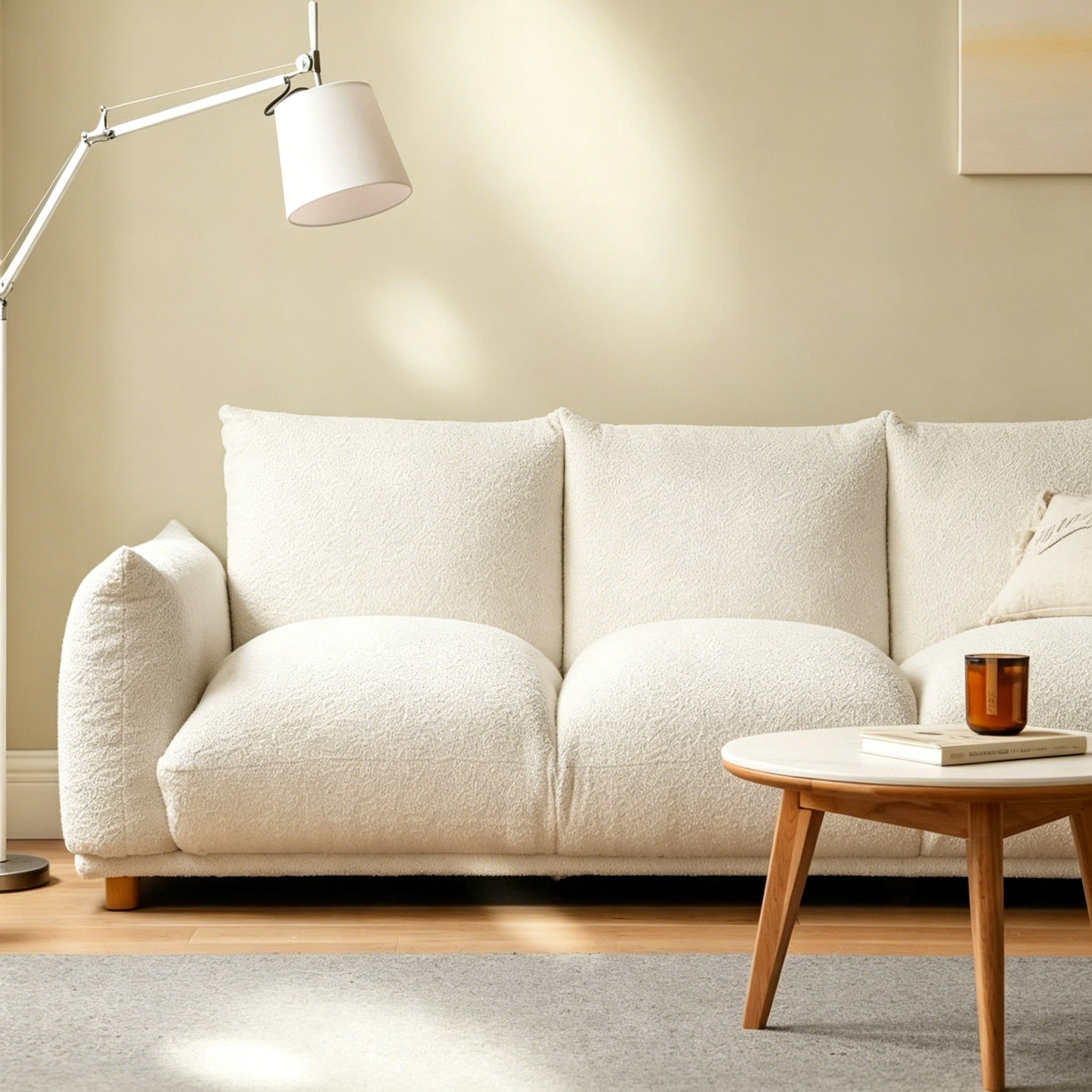 Cream Japanese Wabi-Sabi U-shaped sofa with white faux lamb wool fabric and pine wood frame