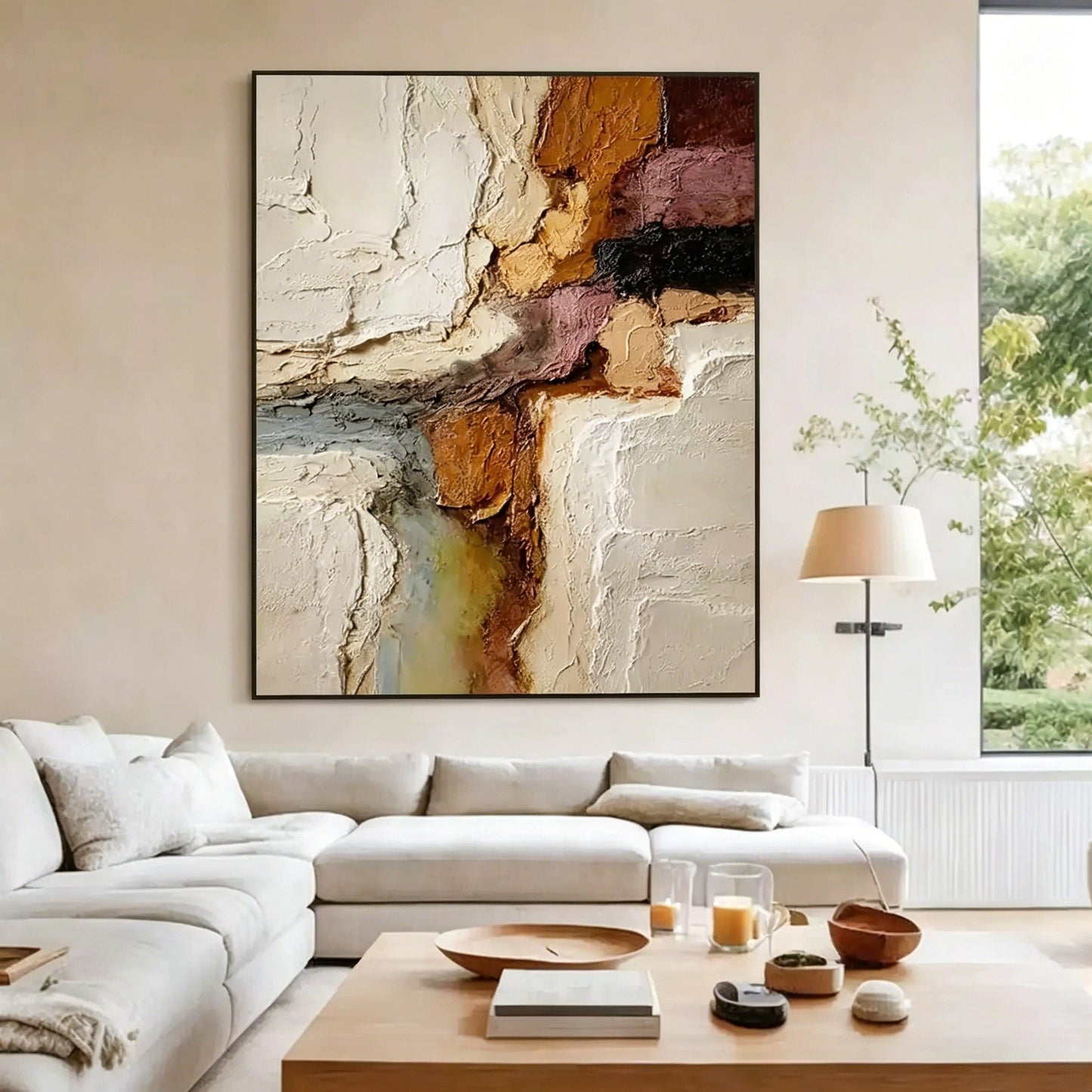 Hand-painted mid-century abstract oil painting with rich texture in a thick framed wall art for living room decor