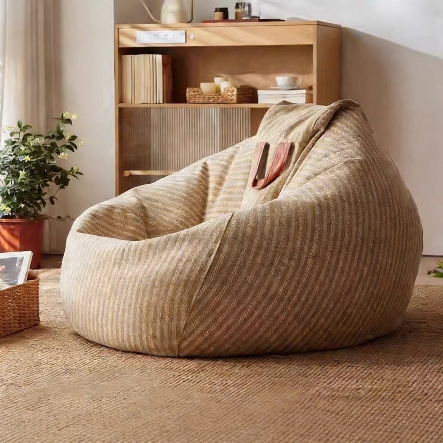 Japanese-style striped lazy sofa with matching footstool in cotton-linen fabric