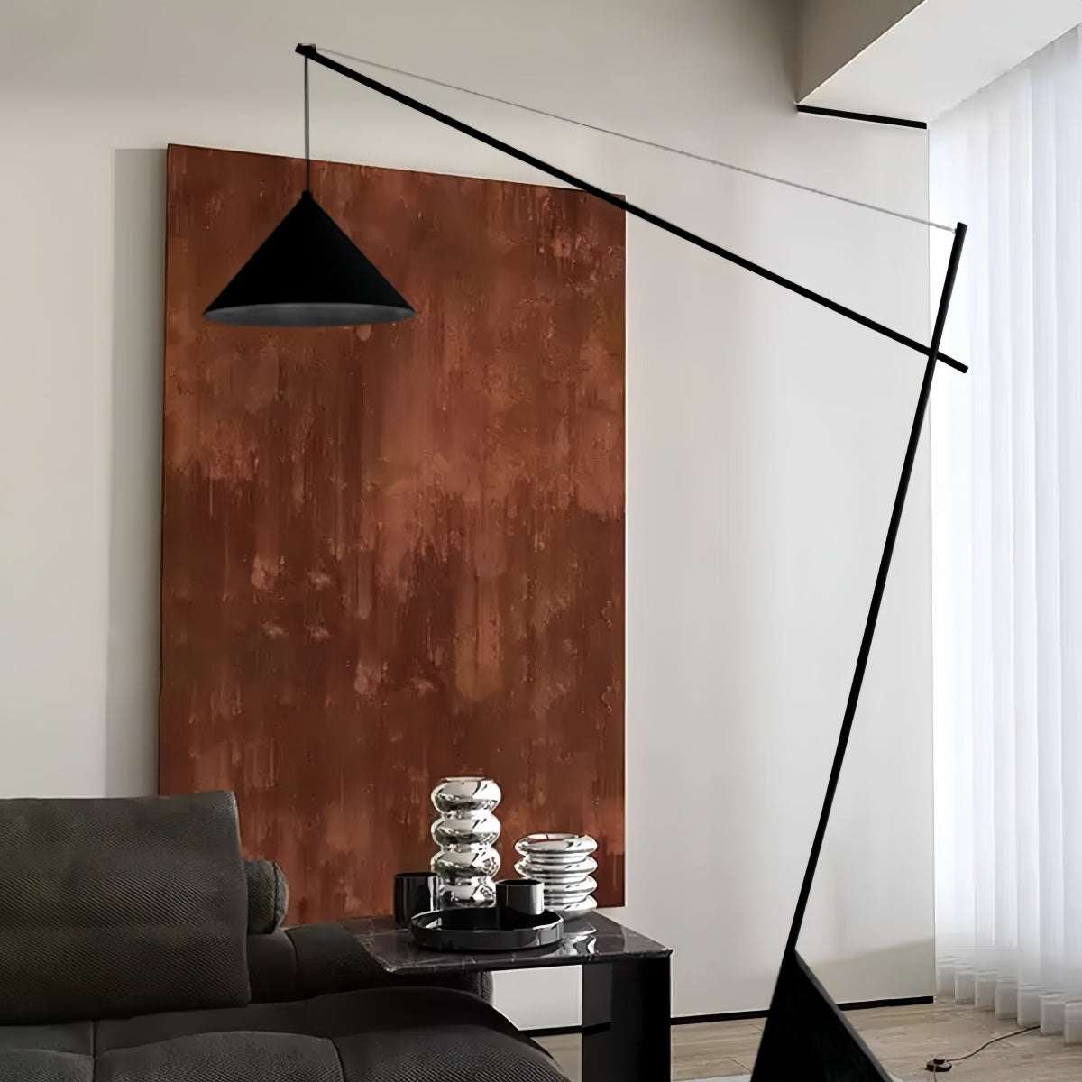 Minimalist Italian floor lamp with sculptural design providing soft ambient light for modern living rooms and bedrooms