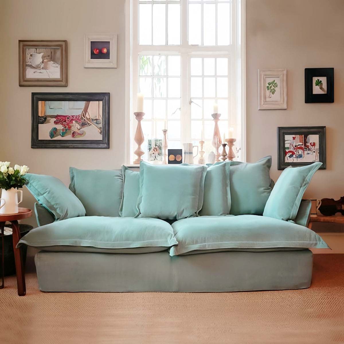 Beige 2-seater Cloud Sofa with down filling, removable washable cover, Nordic-Japanese style for small modern homes
