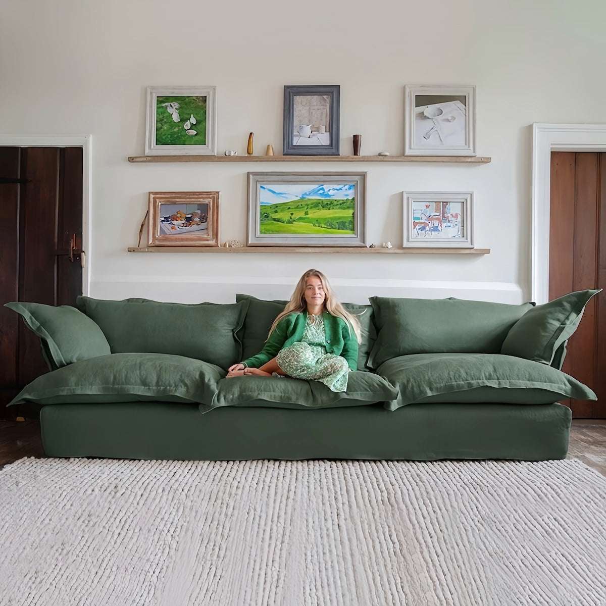 Beige 2-seater Nordic Japanese style cloud sofa with washable fabric cover and down filling for modern small living spaces