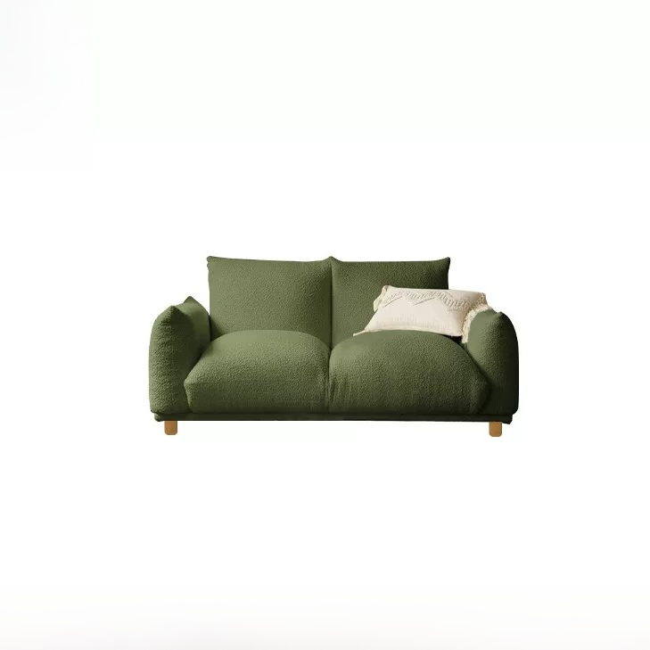Japanese Wabi-Sabi cream U-shaped sofa with faux lamb fleece fabric and pine wood frame